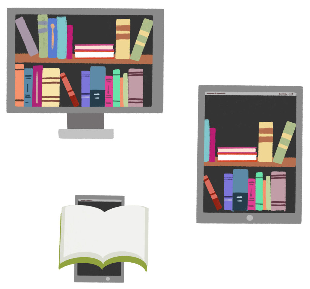 There are three objects filled with various sizes and coloured books: a computer screen; a tablet; a mobile phone.