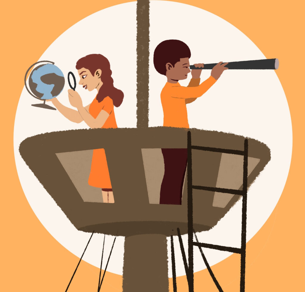 A man and a woman are standing in the crow's nest, the structure in the upper part of the main mast of a ship used as a lookout point. One is looking out through a telescope, while the other is looking closely, with a magnifying glass to a geographical/world globe.